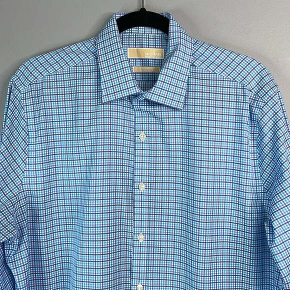 MICHAEL Michael Kors Mens Blue Micro Plaid Dress Shirt Non Iron Long Sleeve 16.5 - Picture 3 of 14